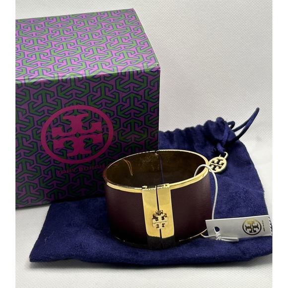 Tory Burch Wide Leather Inlay Cuff Bracelet Brown Gold Logo Box and Dust Bag 6" - Picture 1 of 9